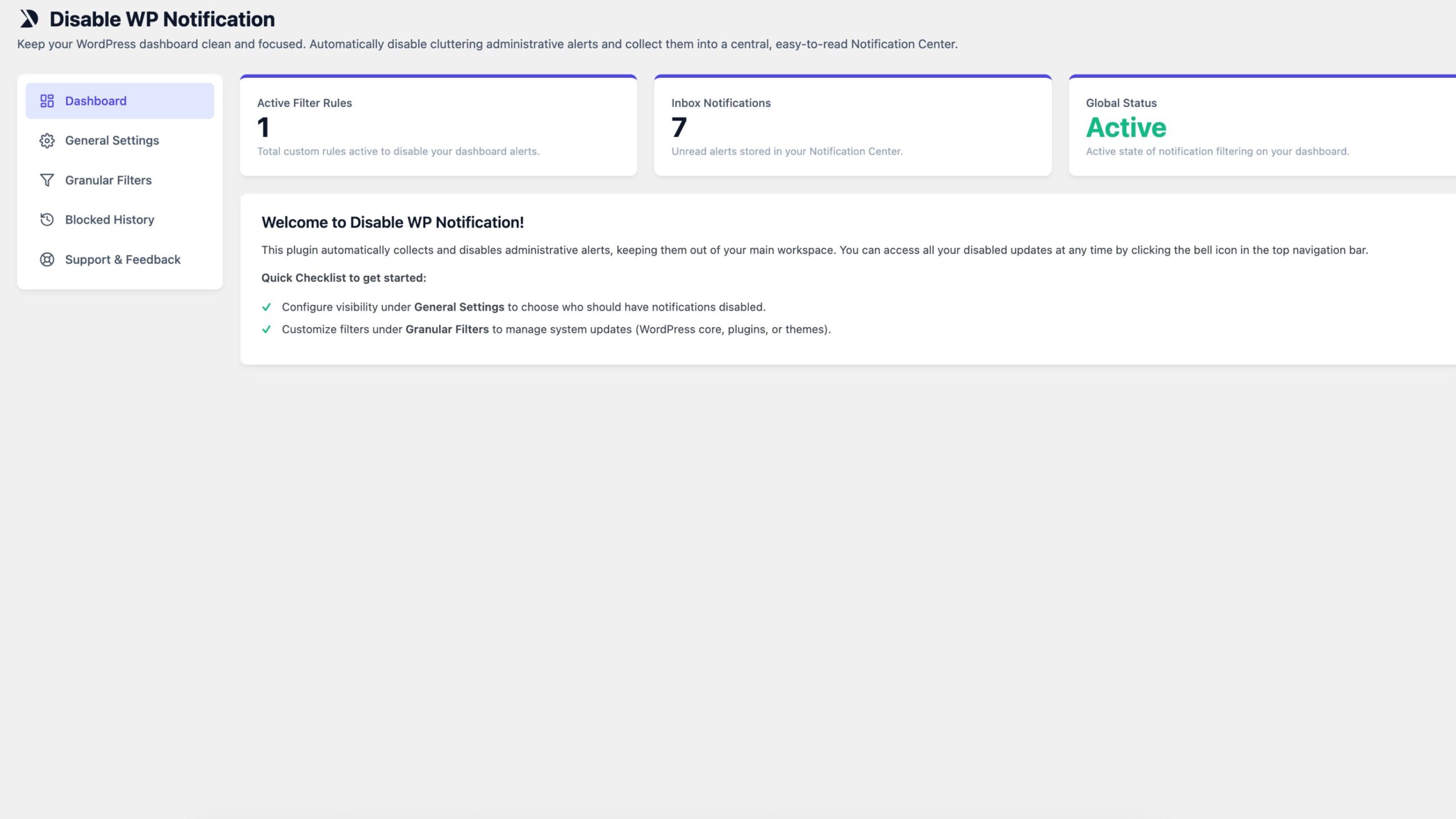 Back office Dashboard setting's screenshot of disable wp notification plugins