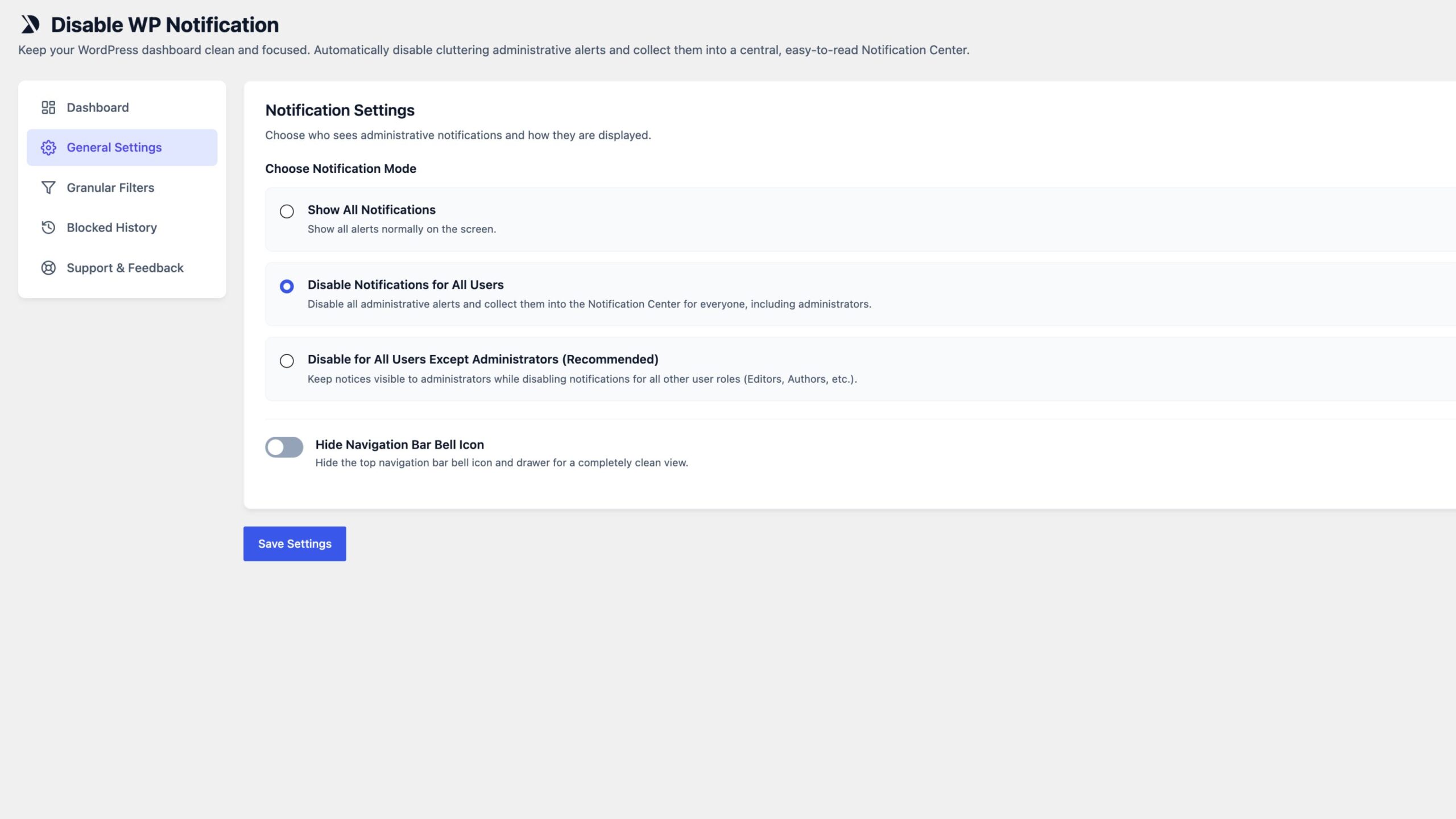 Screenshot showing the general settings of the plugin
