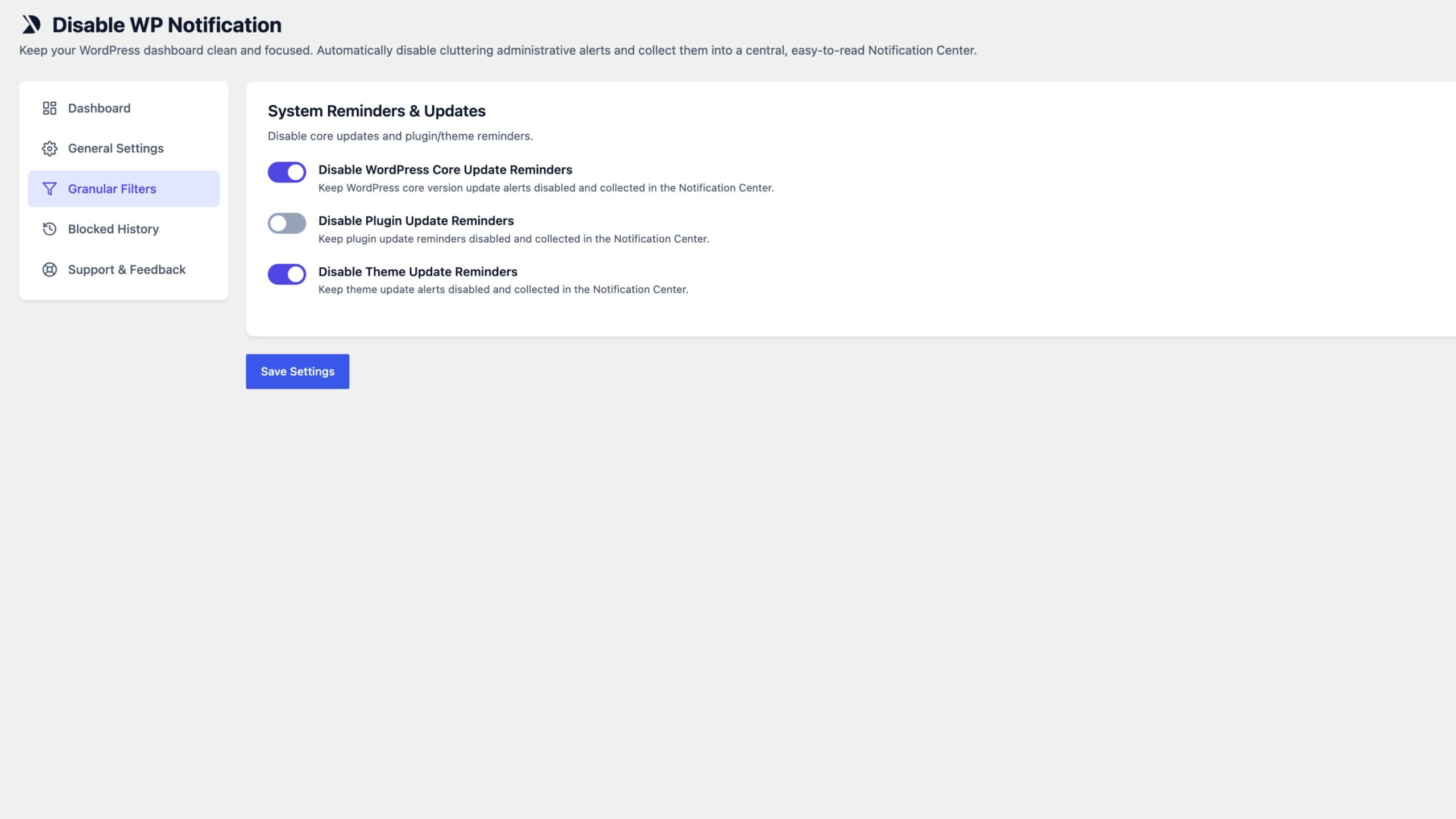 Screenshot showing the granular filter feature of the plugin