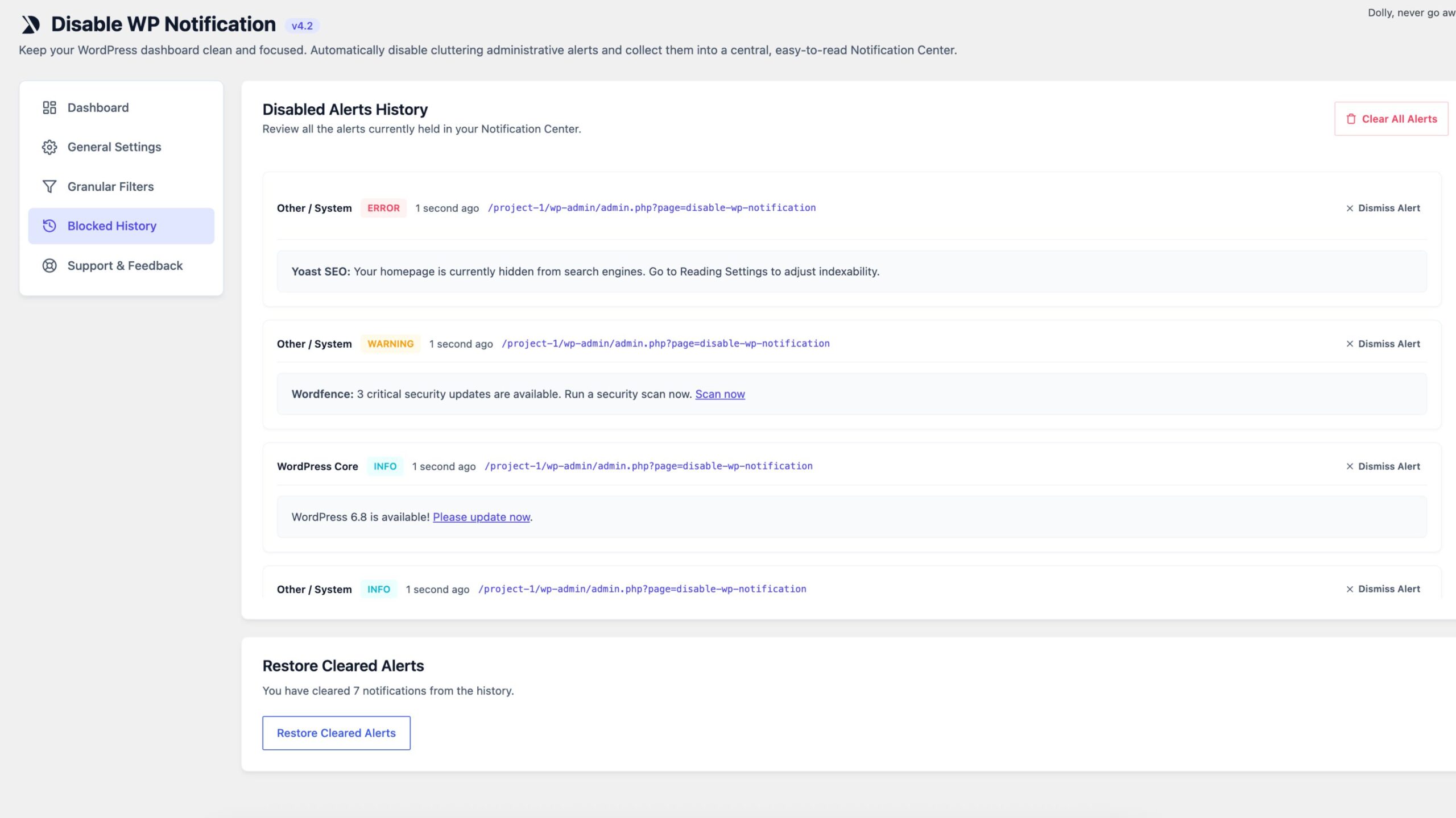 Screenshot dipicting the history ofthe notification blocked using the the plugin in WordPress Dashbaord