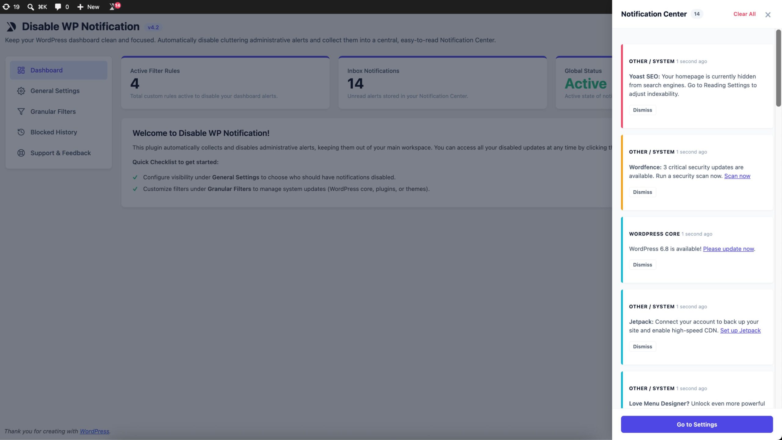 Screenshot representing how the wordpress dashboard is clean and all notification will move to the notification center