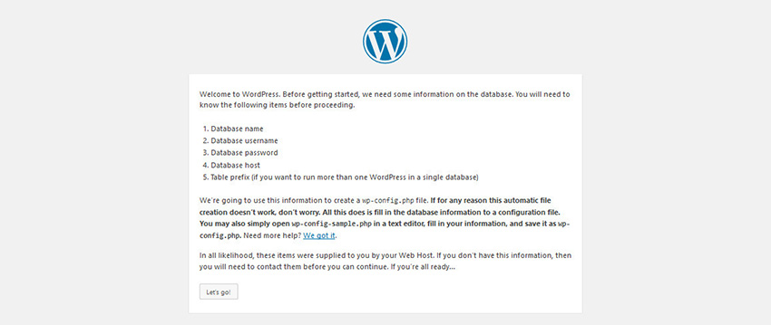 Wordpress Installation Step - Database Information